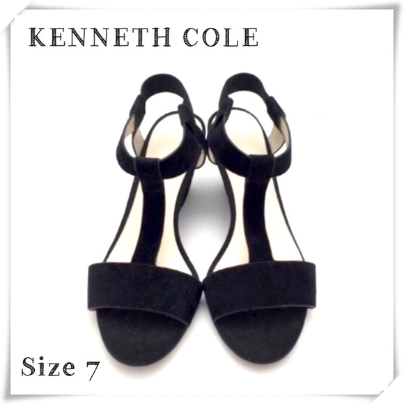 KENNETH Cole Dana T Strap Wedge Heel Sandals in Black Size 7 - Picture 1 of 8